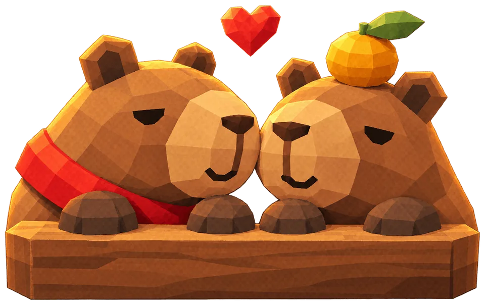 Two capybaras peeking over a wooden ledge, one in a red scarf and one with a yuzu on its head, with a red heart above them